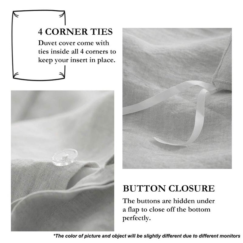 Simple&Opulence 100% French Flax Linen Duvet Cover Set with Embroidery Washed - 3 Pieces (1 Duvet Cover with 2 Pillow Shams) with Button Closure Soft Breathable Farmhouse - Light Grey, King Size - Image 3